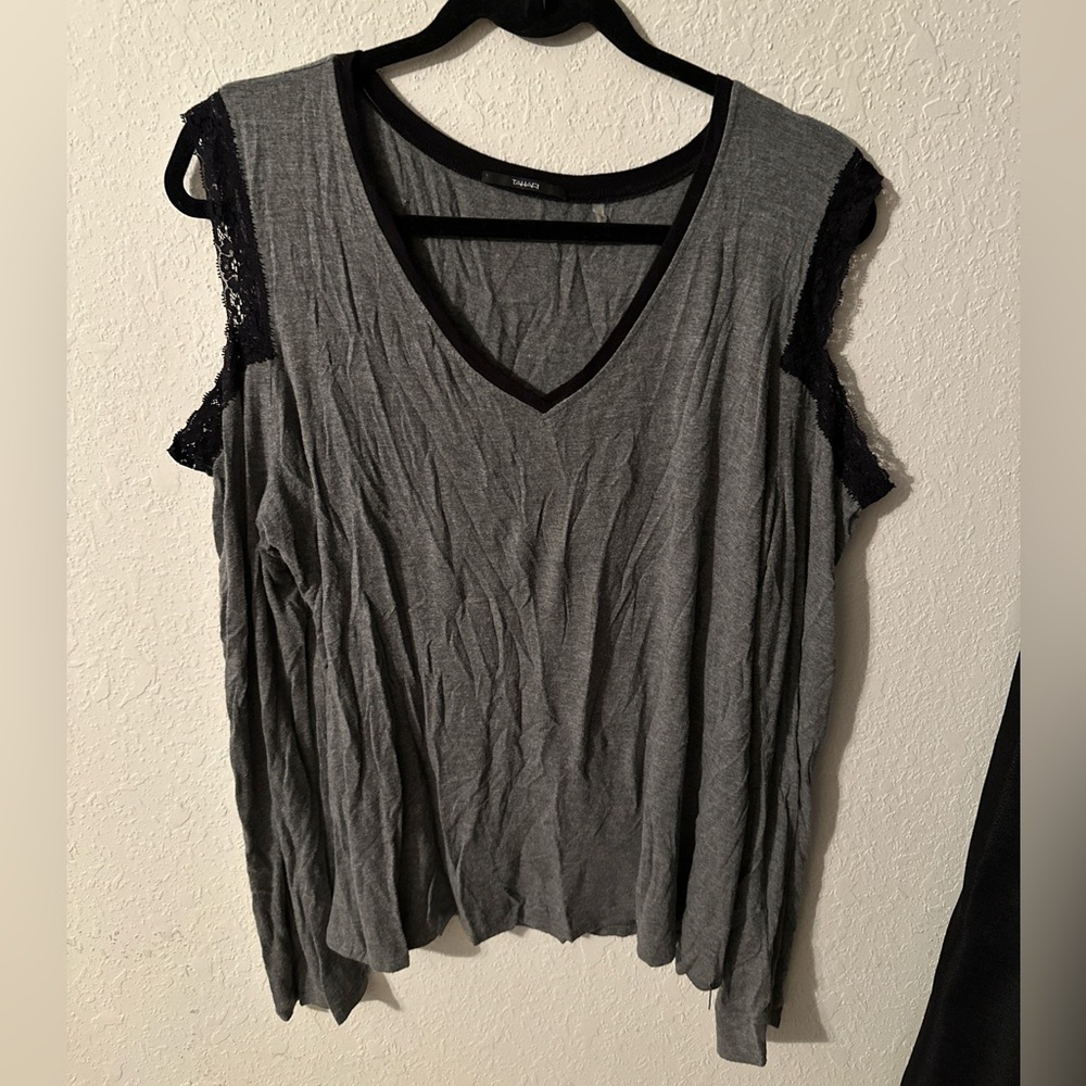Tahari XL Long Sleeve with peek-a-boo shoulders Grey Top